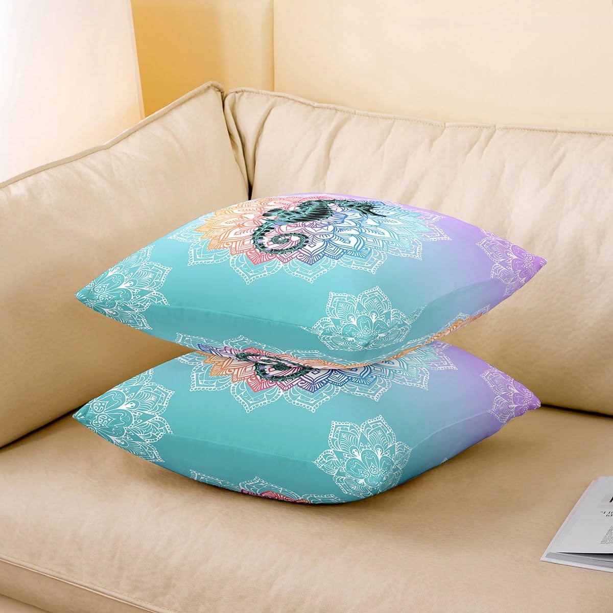 Erosebridal Seahorse Set of 2 Throw Pillow Covers 24x24 Inch Boho Flower Pillow Covers Colorful Mandala Ocean Animal Cushion Covers Summer Exotic Ombre Geometric Decorative Pillow Covers Blue Purple