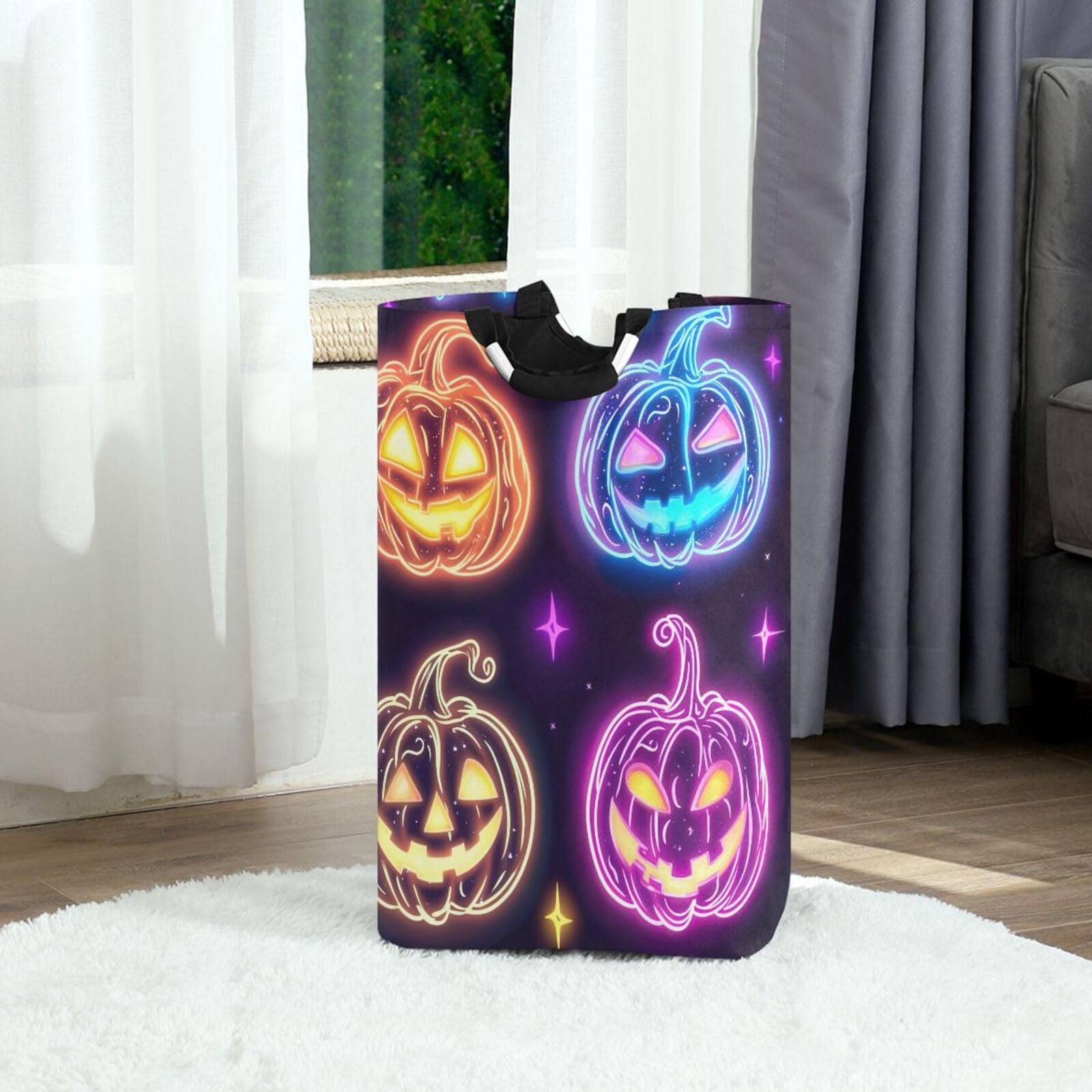 Jihqo Laundry Hamper Basket Halloween Glowing Pumpkins Collapsible Nursery Storage Bin Waterproof Clothing Baskets for Home Bedroom Bathroom Washing Room