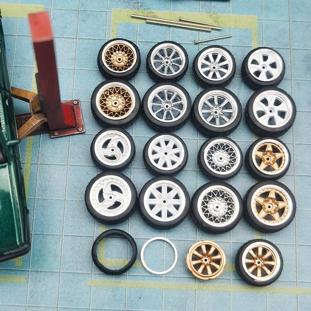 WAVEIST 1/64 wheels,Front Small Rear Big for Muscle cars and Sports Cars,Series E HWP 4 Sets/pack,Eight Spokes,ABS Wheels with Rubber Tire Rivet Axle Metal Rims (HWP-E)