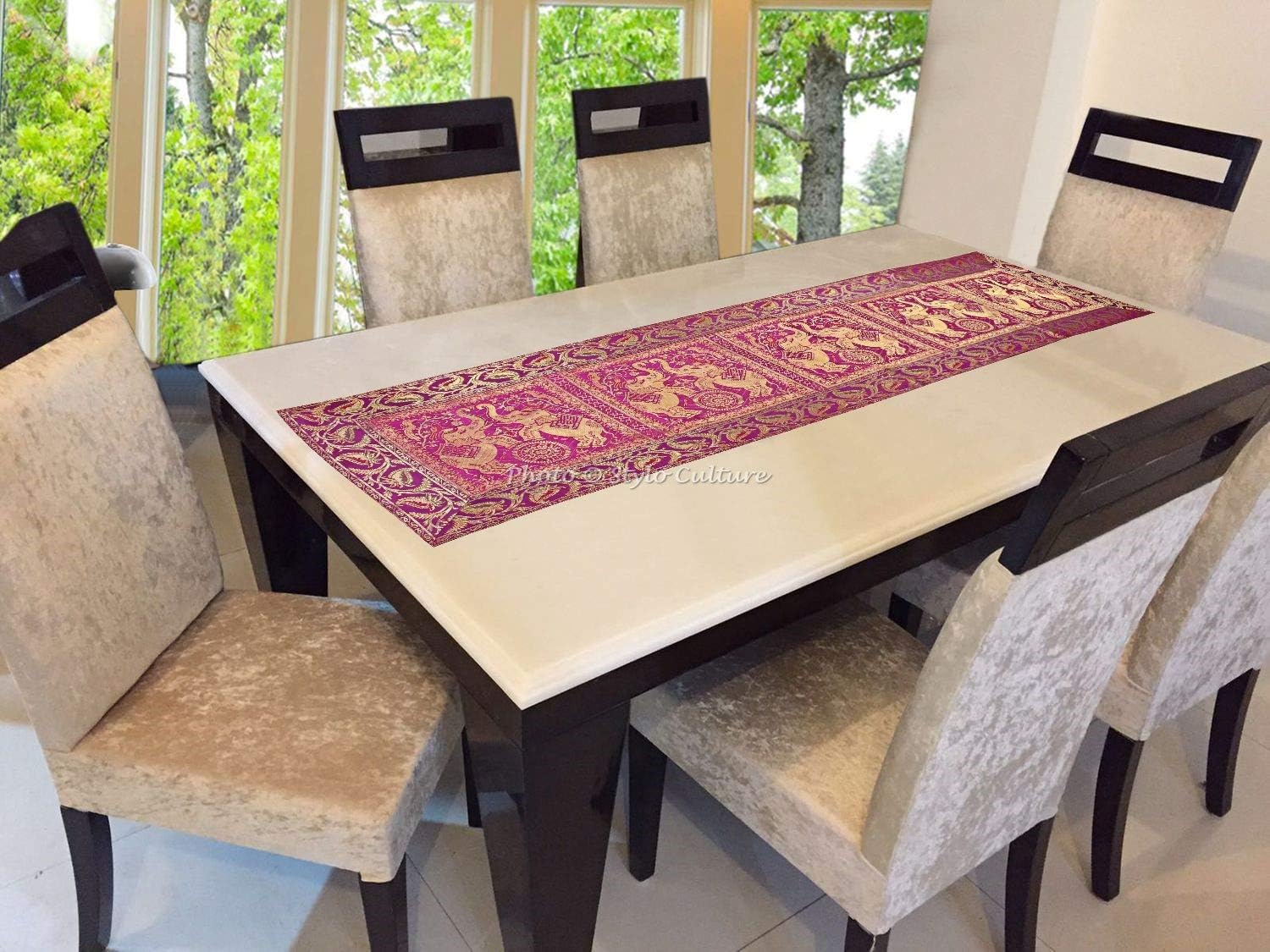 Brocade Jacquard Center Table Runner Magenta Rectangular Bohemian Ethnic Table Home Decor Elephant Floral Traditional Dining Table Cloth | 60x16 Inches (152 x 40 cm)