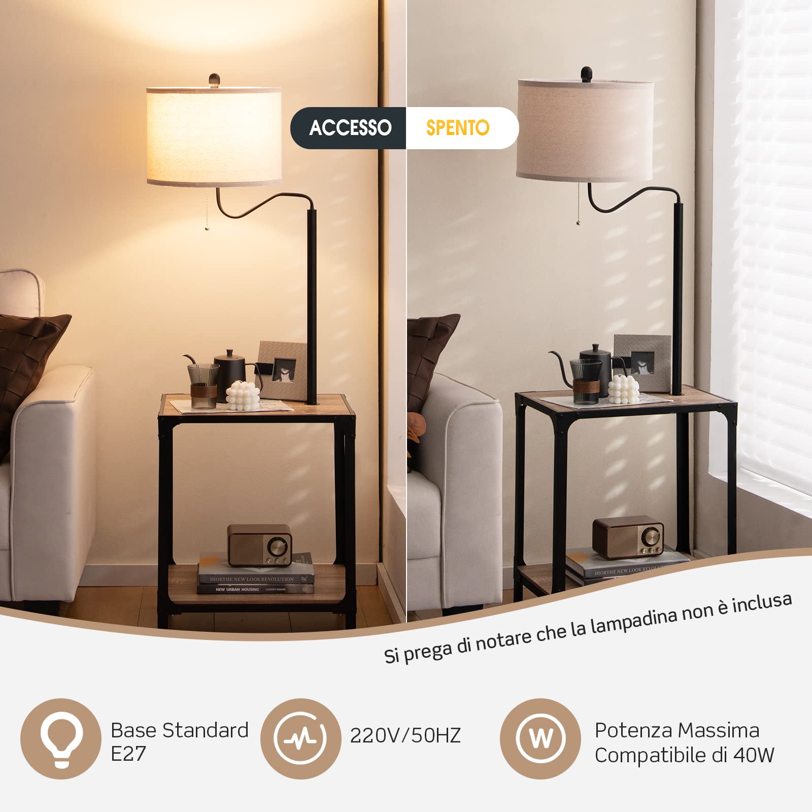 COSTWAY Lampada da Terra in Metallo e Legno, Lampada da Lettura con Tavolino, Mensola e Porta USB, Lampada Ruotabile di 360° per Camera da letto e Salotto