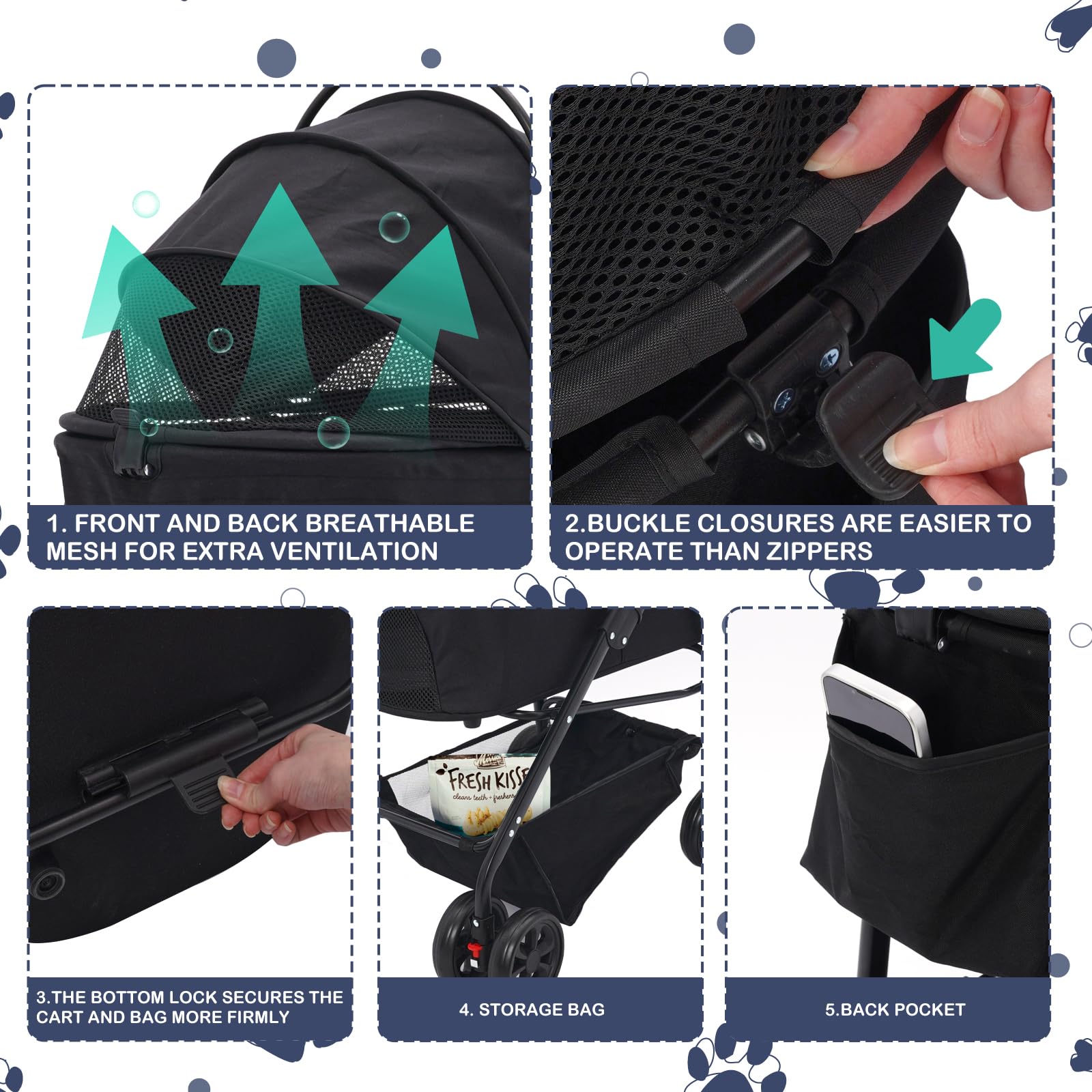 Hundewagen 3 in 1, Haustiere Buggy für mittelgroße Hunde, Faltbarer Hundebuggy bis 20kg, Haustiere Transportbox, Hundewagen mit abnehmbarem Carrier Autositz und Nahrungsmittelfach (schwarz)