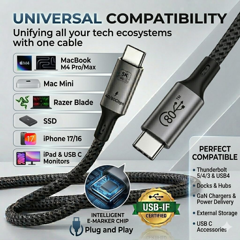 BRENDAZ Cavo USB C a USB C, 80 Gbps per cavo Thunderbolt 5, 240 W, USB 4.0, video 8K [certificato USB-IF], ricarica rapida, compatibile con MacBook, iPhone 17, Mac mini, confezione da 5