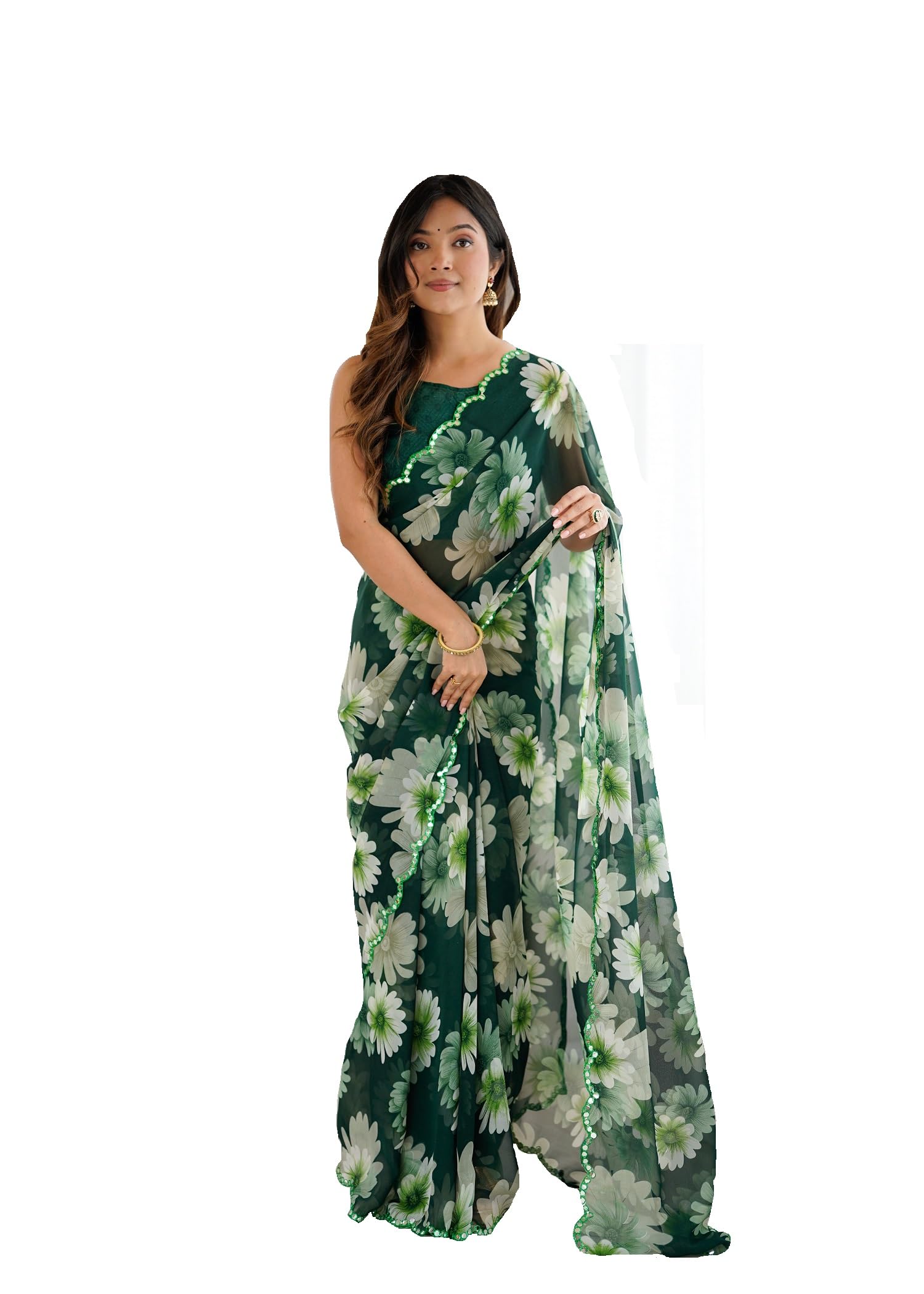Women's Scalloped Border | Georgette Saree | Scalloping Border Mirror Work Embroidery Saree With Unstitched Blouse Piece-image-45