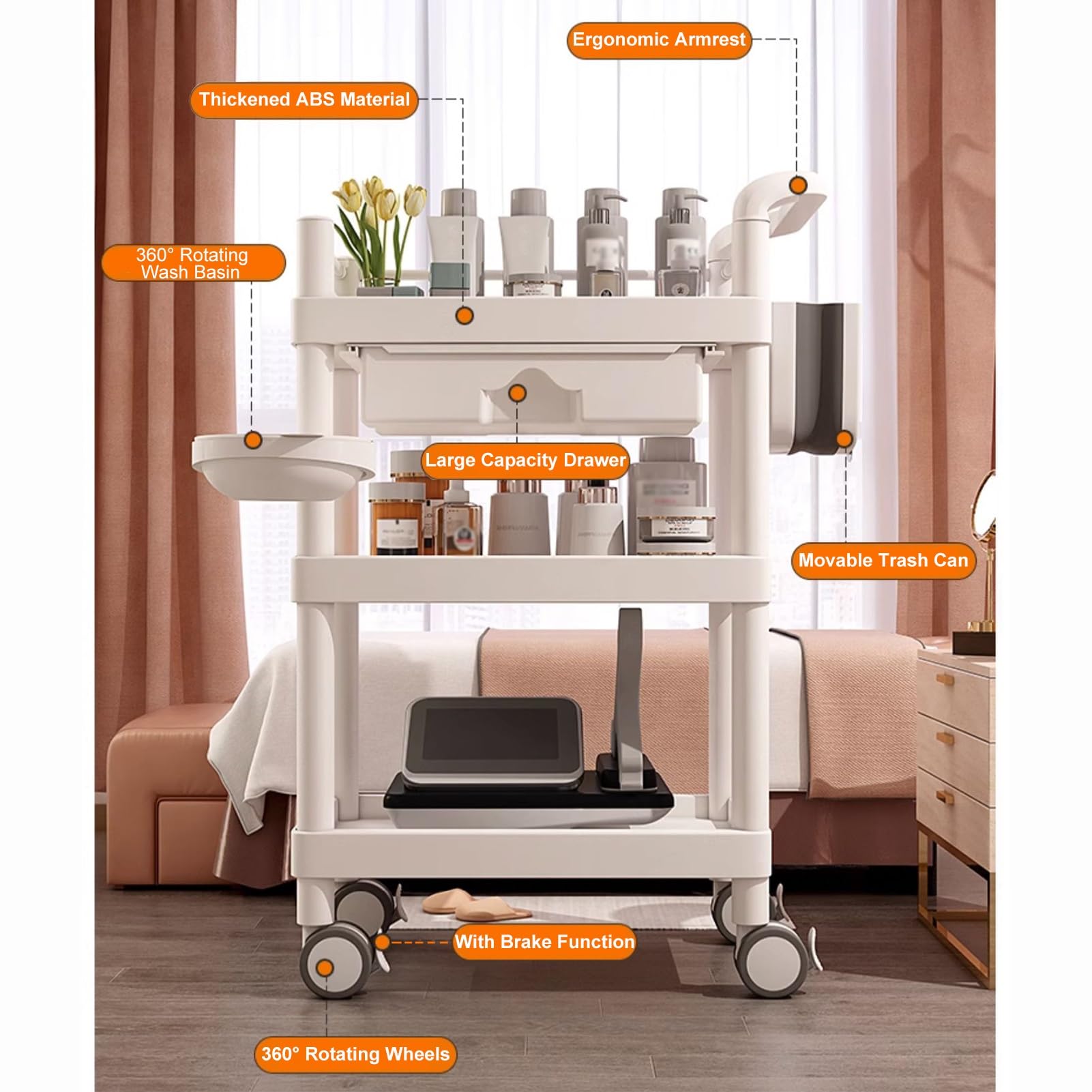 Carrito de Esteticista con Cajón Carrito Peluqueria Carrito de Belleza Carrito Auxiliar con Ruedas Carrito Organizador 3 Niveles(White)