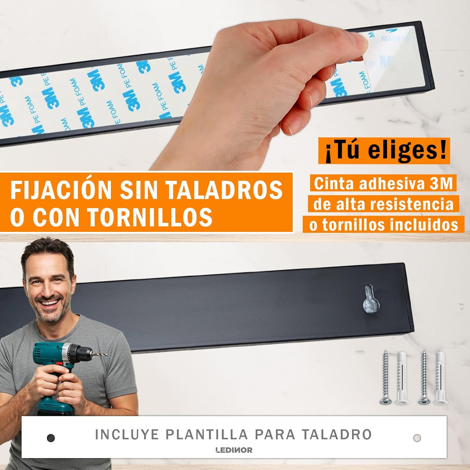 LEDINOR® Magnetic Knife Kitchen Knife Magnet Bar 40 cm Black + 3 Hooks + Screws and Plugs with Drill Template + Adhesive Tape for Fixing Without Holes | Knife Holder Easy Fix