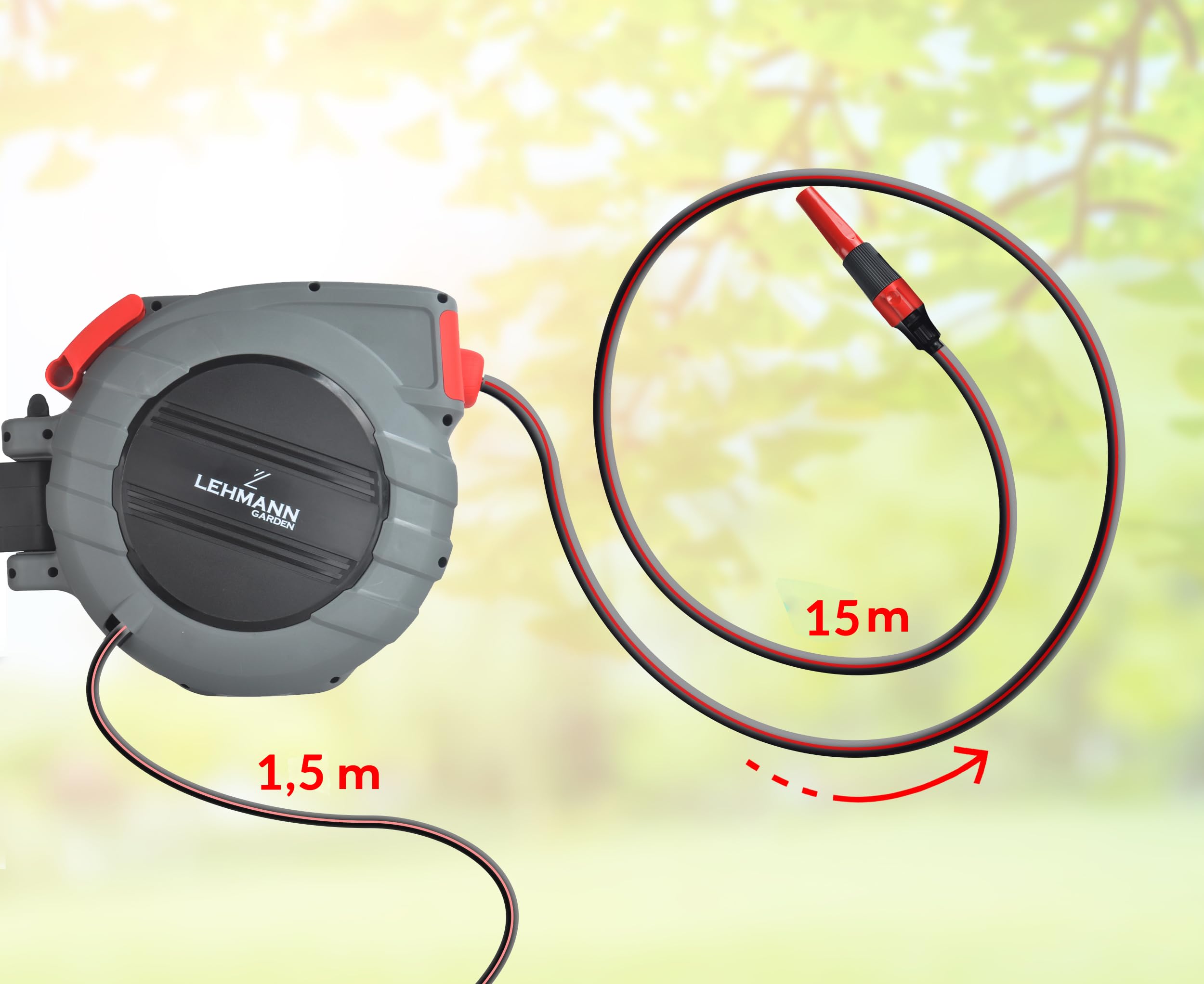 LEHMANN Wand-Schlauchbox 15 m + 1,5 m, Schlauchtrommel für Gartenbewässerung, Automatischer Schlauchaufroller, Wandmontage, inkl. 15 m Gartenschlauch, 1/2" PVC-Geflecht und und Anschlussschlauch