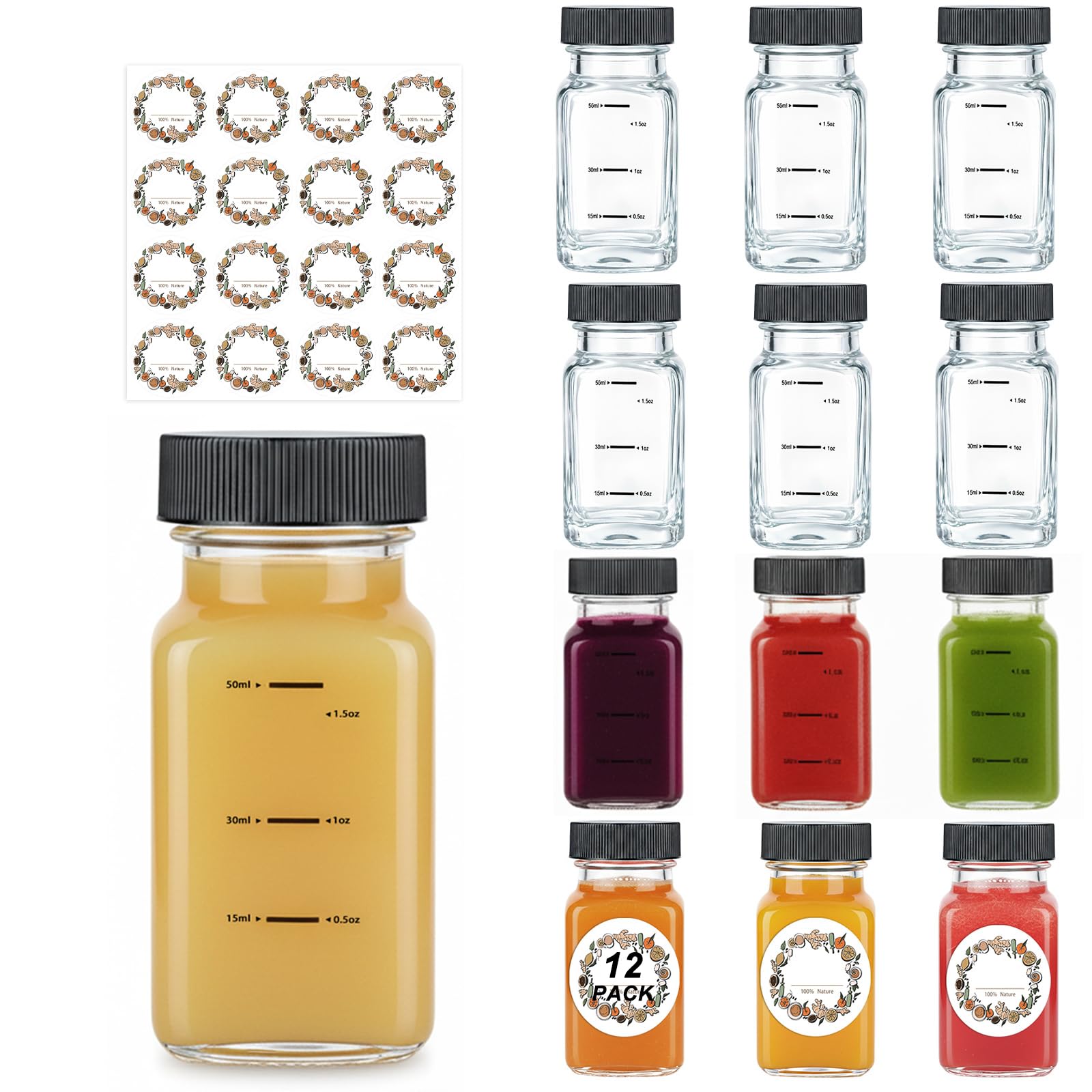 WERTIOO 12 Piece Square Shot Bottles for Filling, 60ml Ginger Shot Bottles, Ginger Shot Glasses, Leak-proof & Reusable, Small Bottles for Filling with Liquor, Juice, Spices