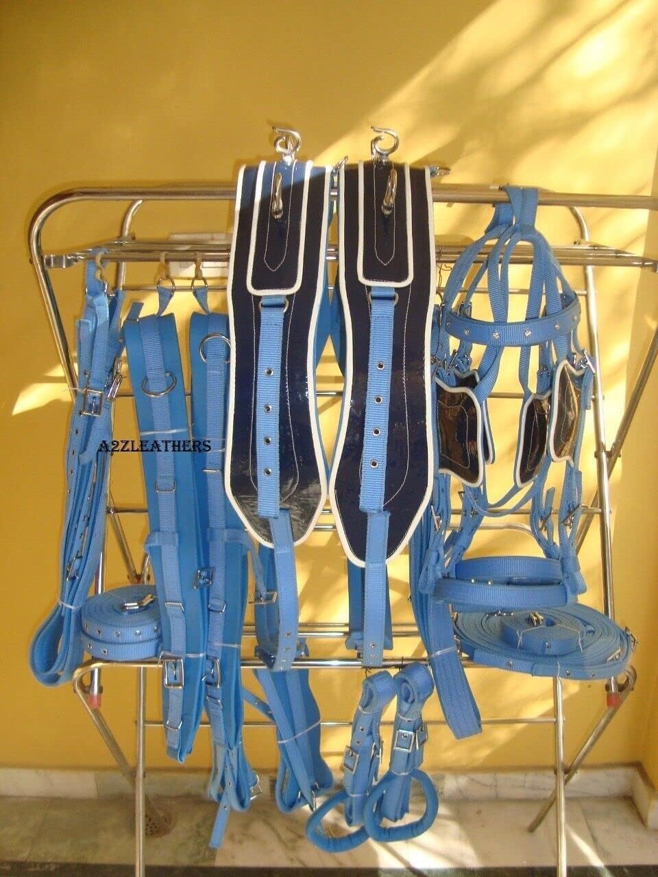 Double Horse Nylon Driving Harness in Navy & Light Blue (Full, Cob, Pony, Shetland & Mini)