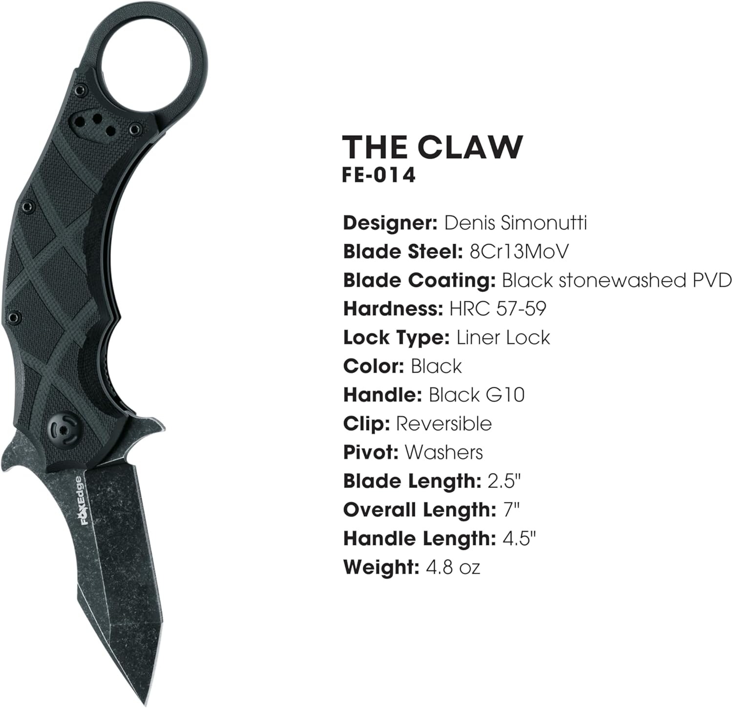 Fox Edge The Claw FE-014 Folding Knife, 2.5in Stainless Steel Tanto Blade, Emerson Wave Quick-Deploy, G10 Handle, Liner Lock, Reversible Pocket Clip (Black)