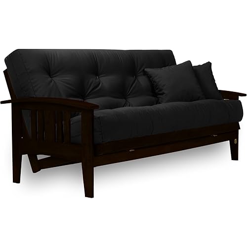 Nirvana Futons Westfield Complete Futon Set - Espresso Finish (Warm Black) – Large Queen Size, Mission Style Wood Futon Frame with Mattress Included (Twill Black), More Mattress Colors Available