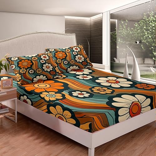 Miniatura 3 de Groovy - Sábana bajera ajustable de flores de margaritas, tamaño matrimonial, juego de ropa de cama psicodélico hippie floral vintage de los años 70