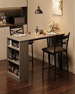 Garvee Bar Table and Chairs Set, 3 Piece Bar Table Set with with Flip Top Extension and Storage Shelves, Dining Table Set for 2, Suitable for Small Space Kitchen Apartment, Grey