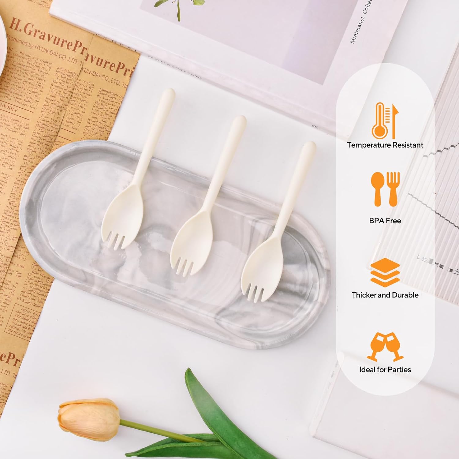 100Pcs Medium Disposable White Sporks, 5.4 Inch Individually Wrapped Plastic Fork Spoon Combo, Heavy Duty Cutlery for Meals, To-Go, Catering, Lunch, Dessert, Party, Picnic Use