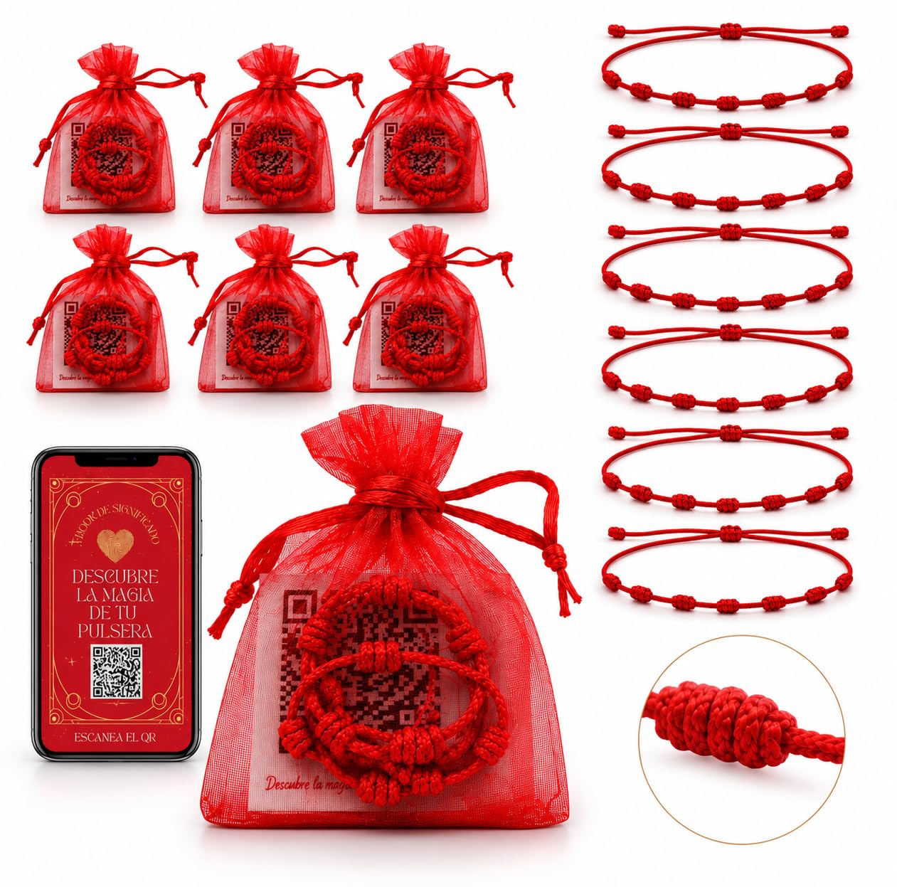 6 Pulseras de Hilo Rojo con Nudos, estilo cordón redondo, ajustab...