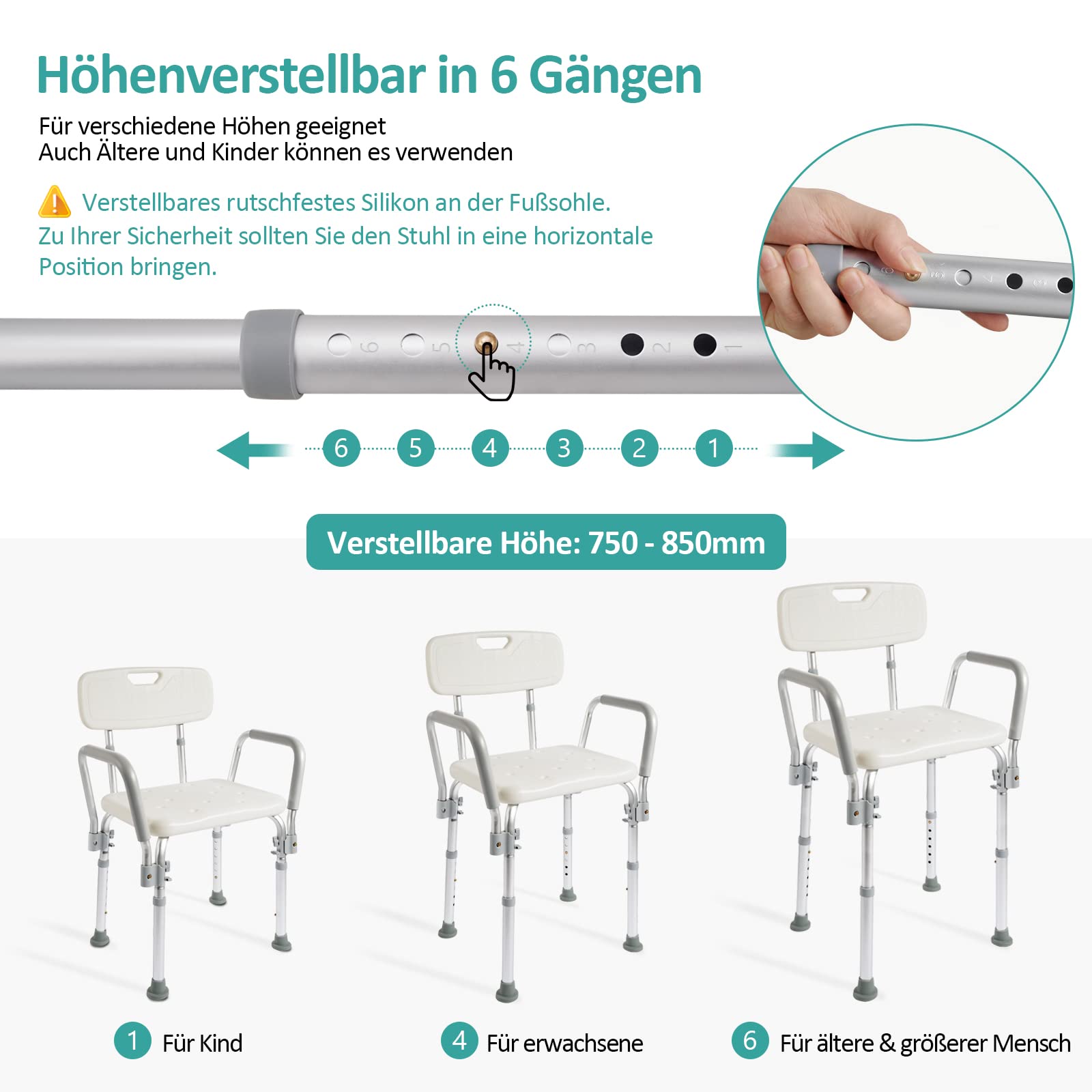 EMKE Duschstuhl Duschhocker für senioren Duschstuhl mit Armlehne und Rückenlehne Duschhocker Höhenverstellbar,bis 135KG, Weiß