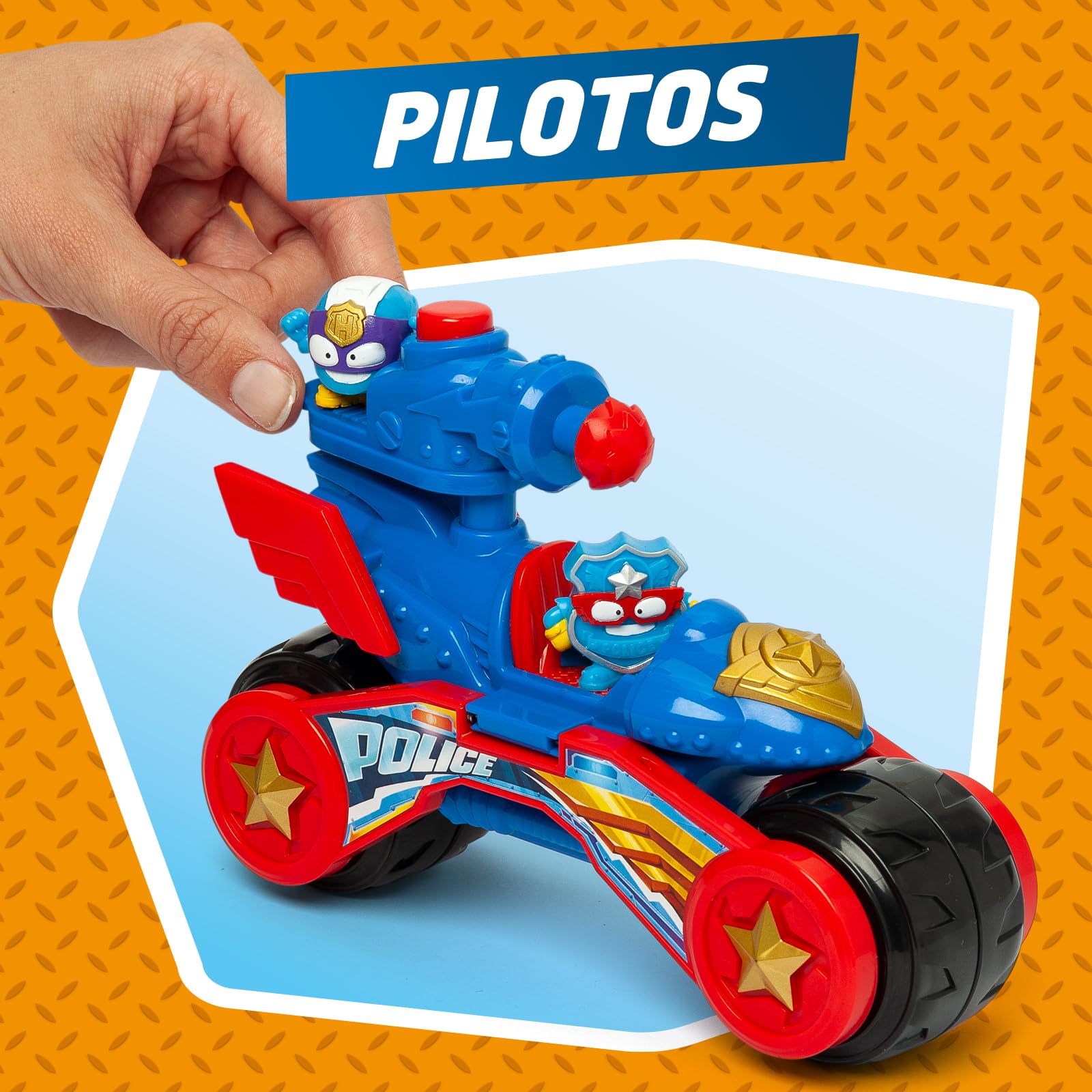SUPERTHINGS KAZOOM POWE –Battle Vehicle Police. Vehículo de batalla policía de los héroes de la Serie de TV “Superthings Kazoom Power”. Contiene 1 Battle Vehicle, 2 Superthings Exclusivos, 1 Proyectil