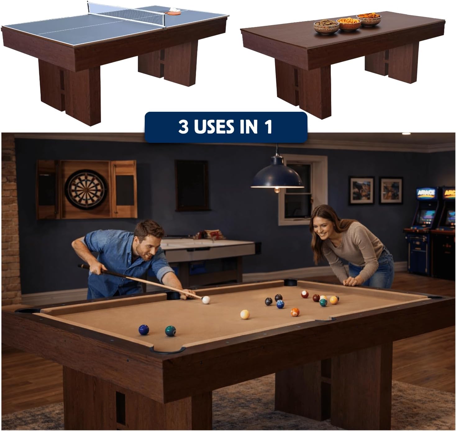 7 FT Pool Table with Dining Top, 3-in-1 Combo Game Table Billiards, Ping Pong and Dining Table. NEW & Improved Design 2026!
