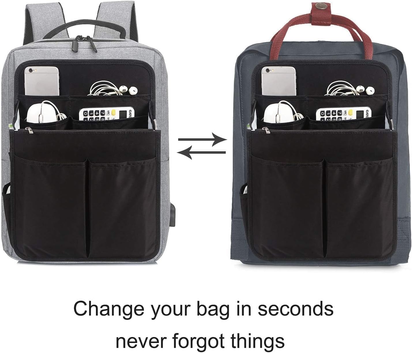 Yoillione Backpack Organizer Insert for Men and Women with Base Shaper - Lightweight Bag Organizer with High Capacity, 17 Pockets with Zipper (13'' Height, Black) - Image 5