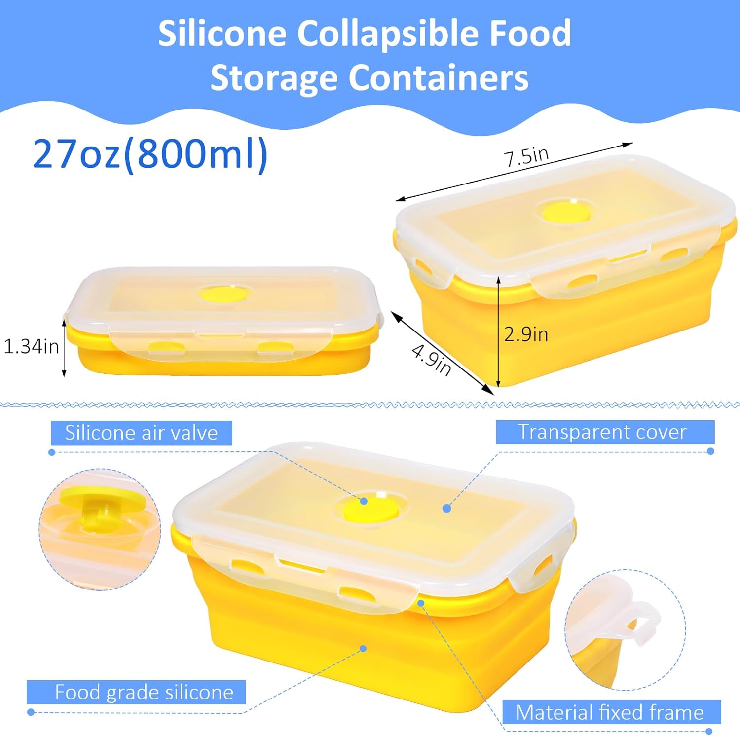 5 Pack Collapsible Silicone Food Storage Containers with Leak-Resistant Lids, 27oz Bento Lunch Boxes, for Kitchen, Office, Camping, Travel, BPA Free
