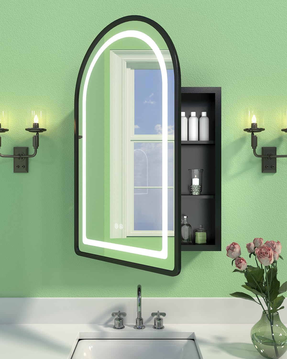 19.7"x31.5" Lighted Medicine Cabinet with Mirror, Arched Bathroom Mirror with Lights and Storage, Dimmable 3 Color with Anti-Fog, Full Metal Recessed & Surface Mount LED Medicine Cabinets Black With Light & Anti-fog Arched 20"x32"