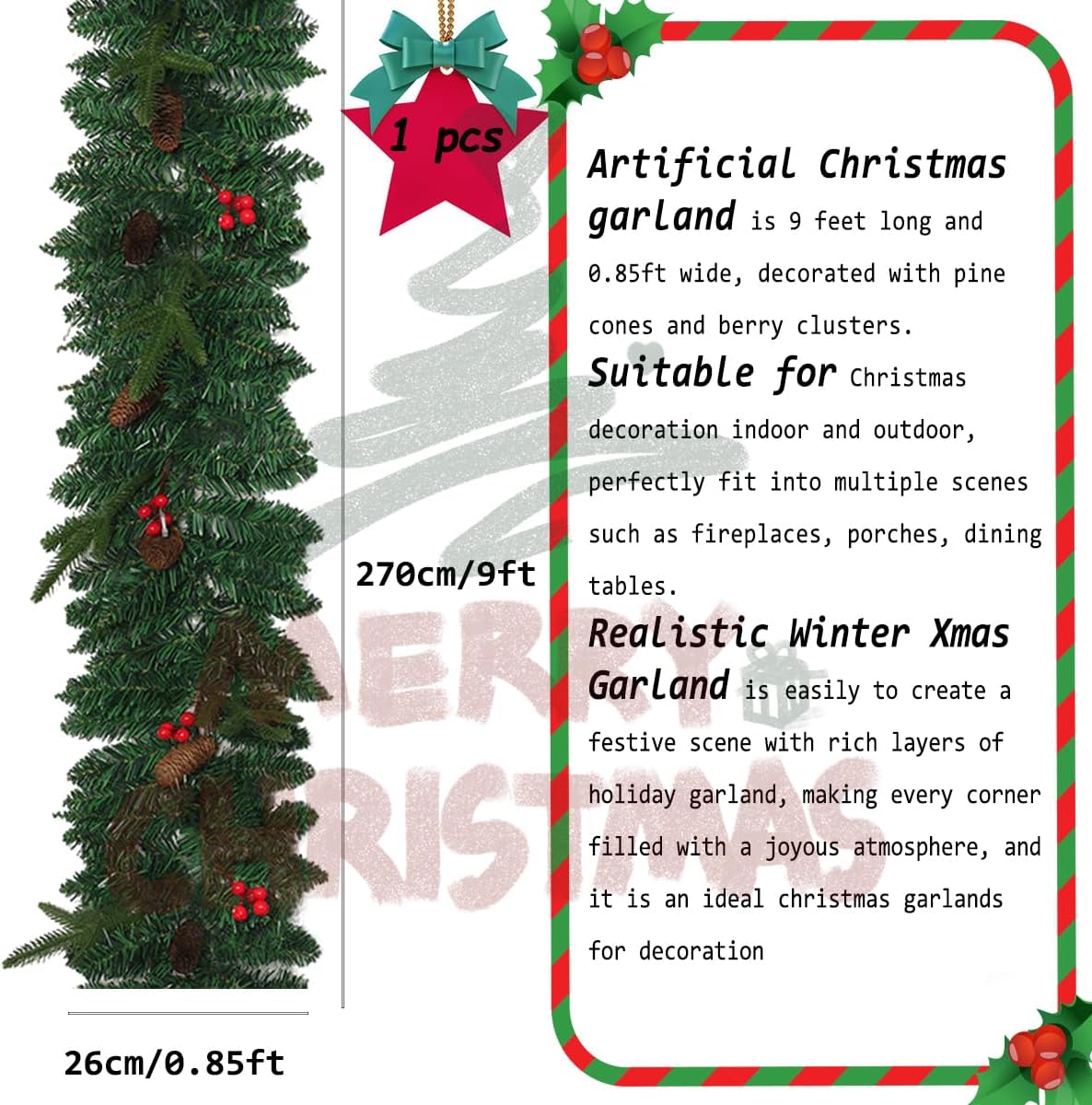 Christmas Garlands, Christmas Decorations, 9FT Pre-Decorated Winter Xmas Garland, Artificial Holiday Decor Faux Greenery for Mantle, Fireplace, Stair, Door, Indoor Outdoor with Pinecones, Red Berries