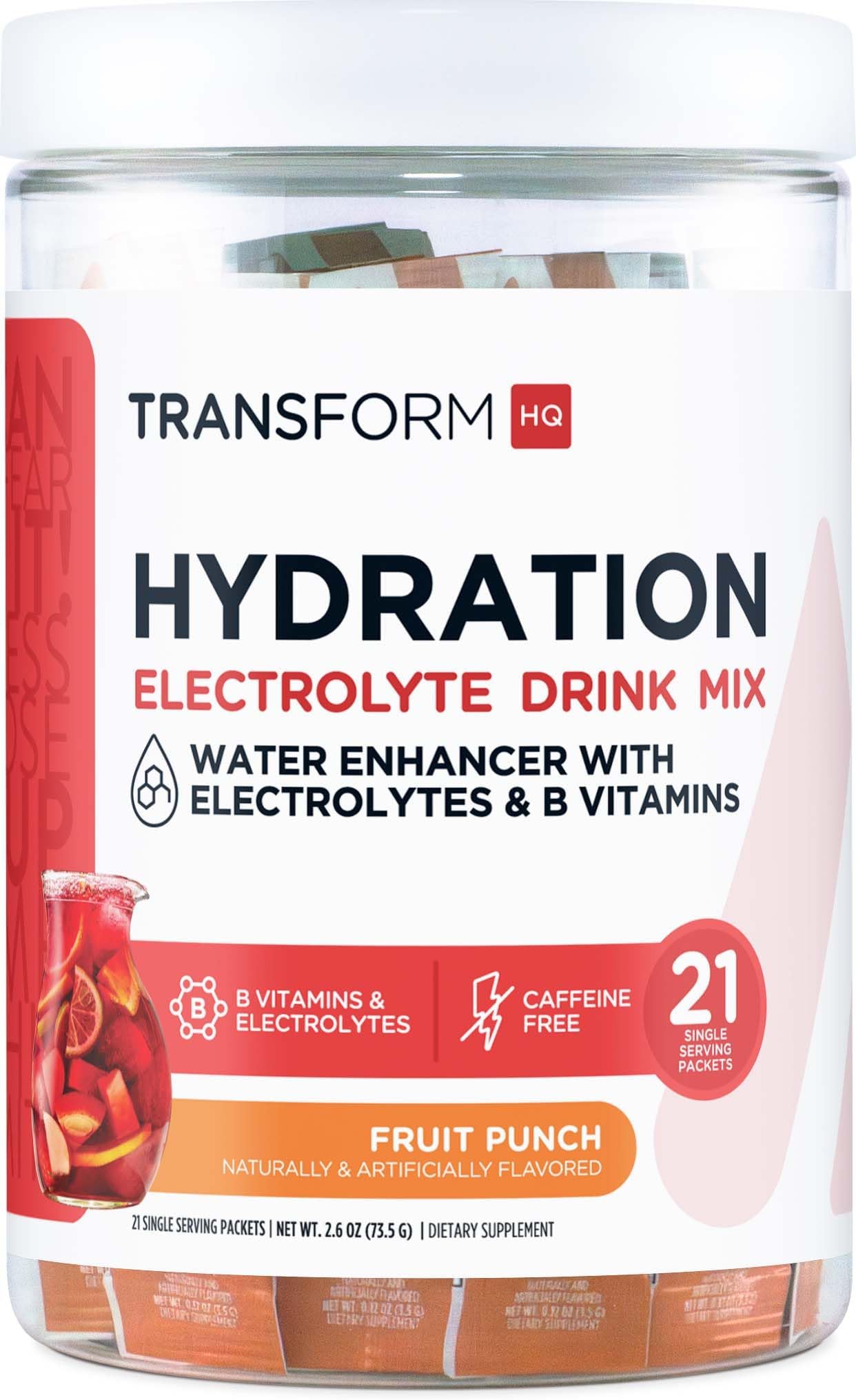 TransformHQHydration Drink Mix (21 Single-Serving Packets, Fruit Punch) - Hydration Supplement Blend with Vitamins and Electrolytes