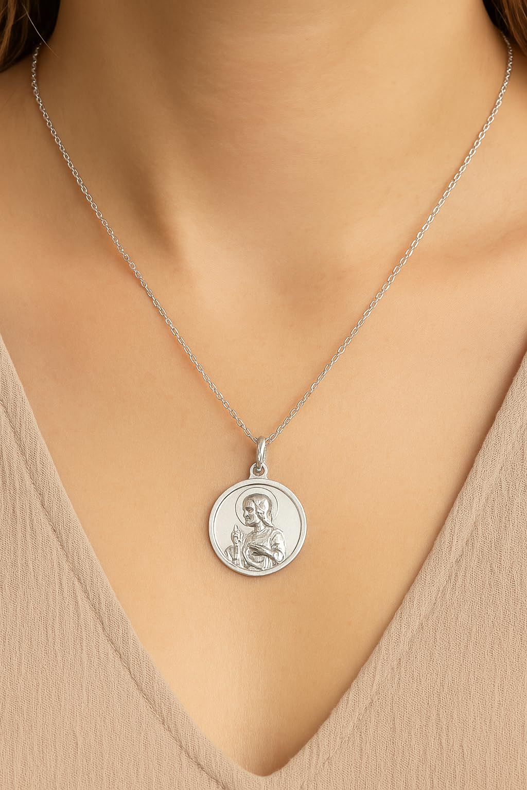 Medalla Escapulario Plata Ley. 19mm diametro. Virgen del Carmen y Sagrado Corazon de Jesus