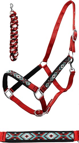 CHALLENGER Caballo de nylon con cuentas halter niquelado hardware w/plomo cuerda tachuela rojo 606175RD Negro -,Verde lima,Naranja,Púrpura,Rojo