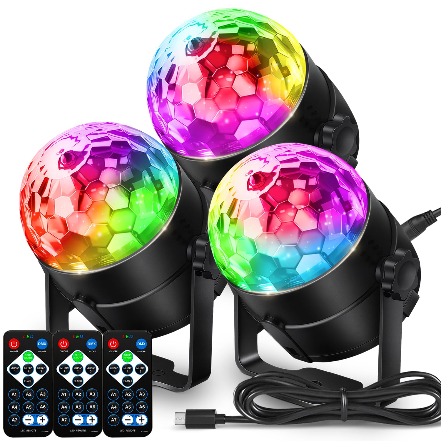 Disco Ball DJ Party Lights Sound Activated with Remote Control Strobe Lamp 7 Modes Stage Light for Home Room Dance Parties Karaoke Halloween Christmas Birthday Decorations,3pack