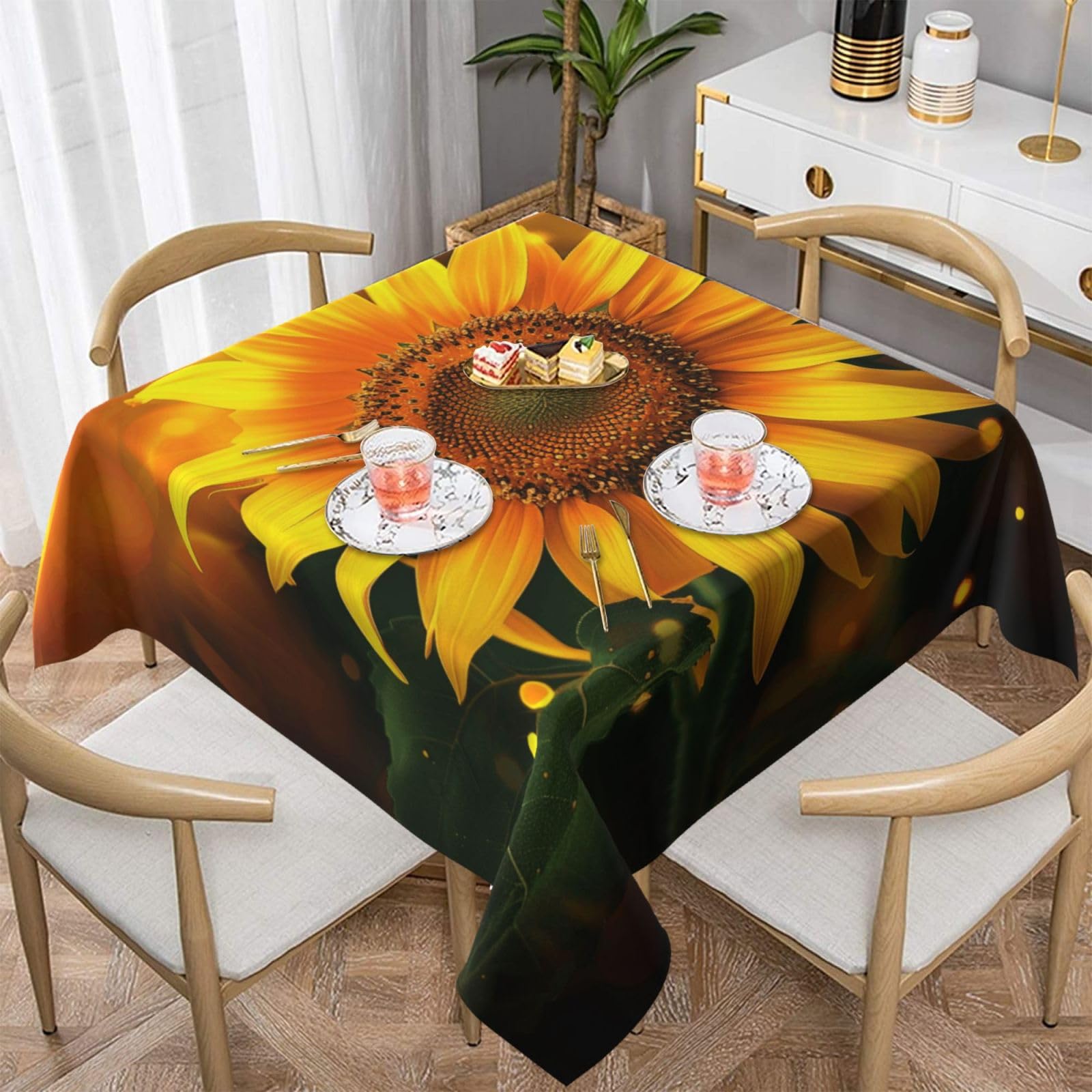 WPKJU Orange Sunflower Wallpaper Printed Square Tablecloth 54x54 inch Water Resistant Table Cover Washable Rectangle Table Cloth for Dining Tables