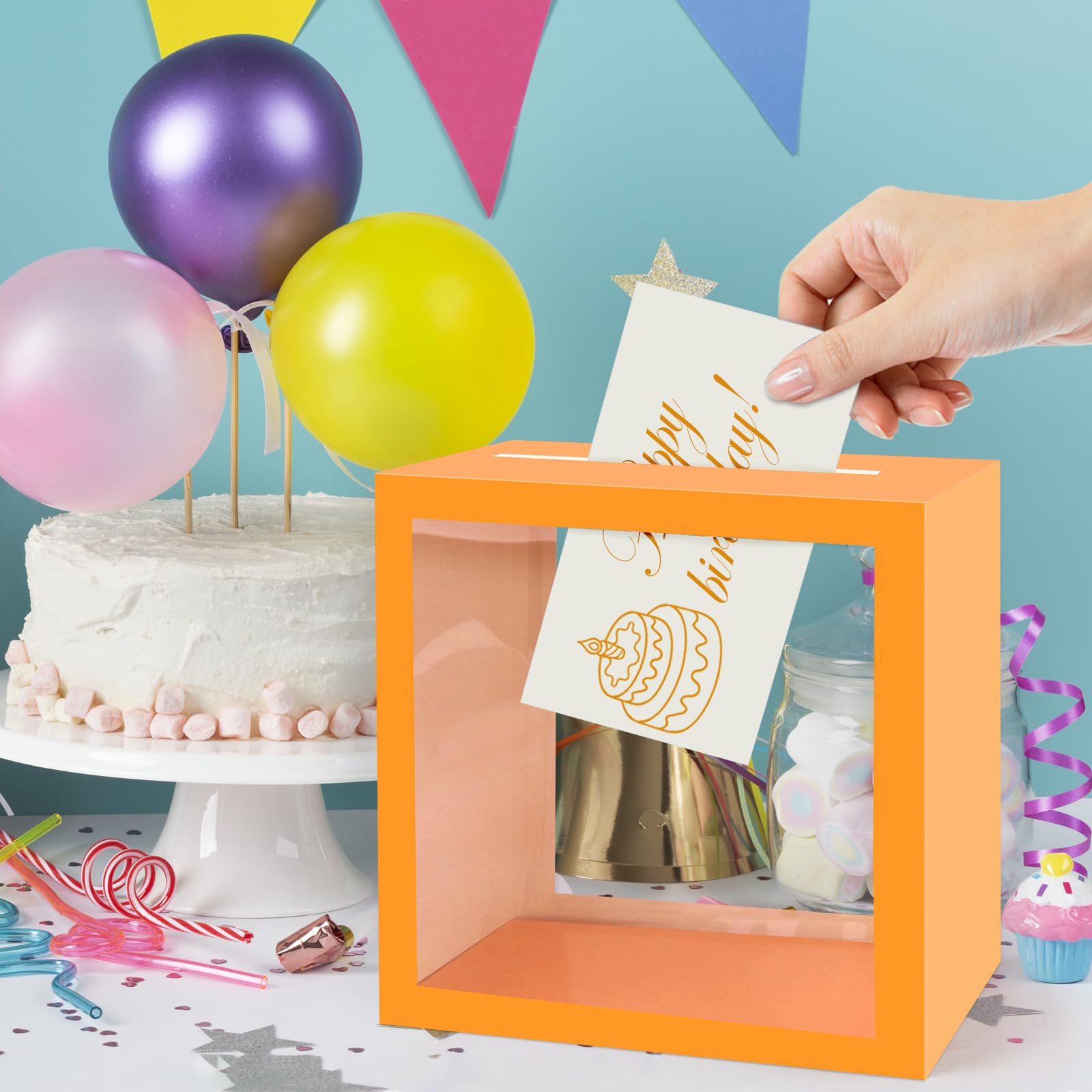 Pomarańczowe pudełko na karty z przezroczystym okienkiem pogrubione ślubne skarbonka na przyjęcie weselne urodziny ukończenie szkoły baby shower rocznice przejście na emeryturę dekoracje