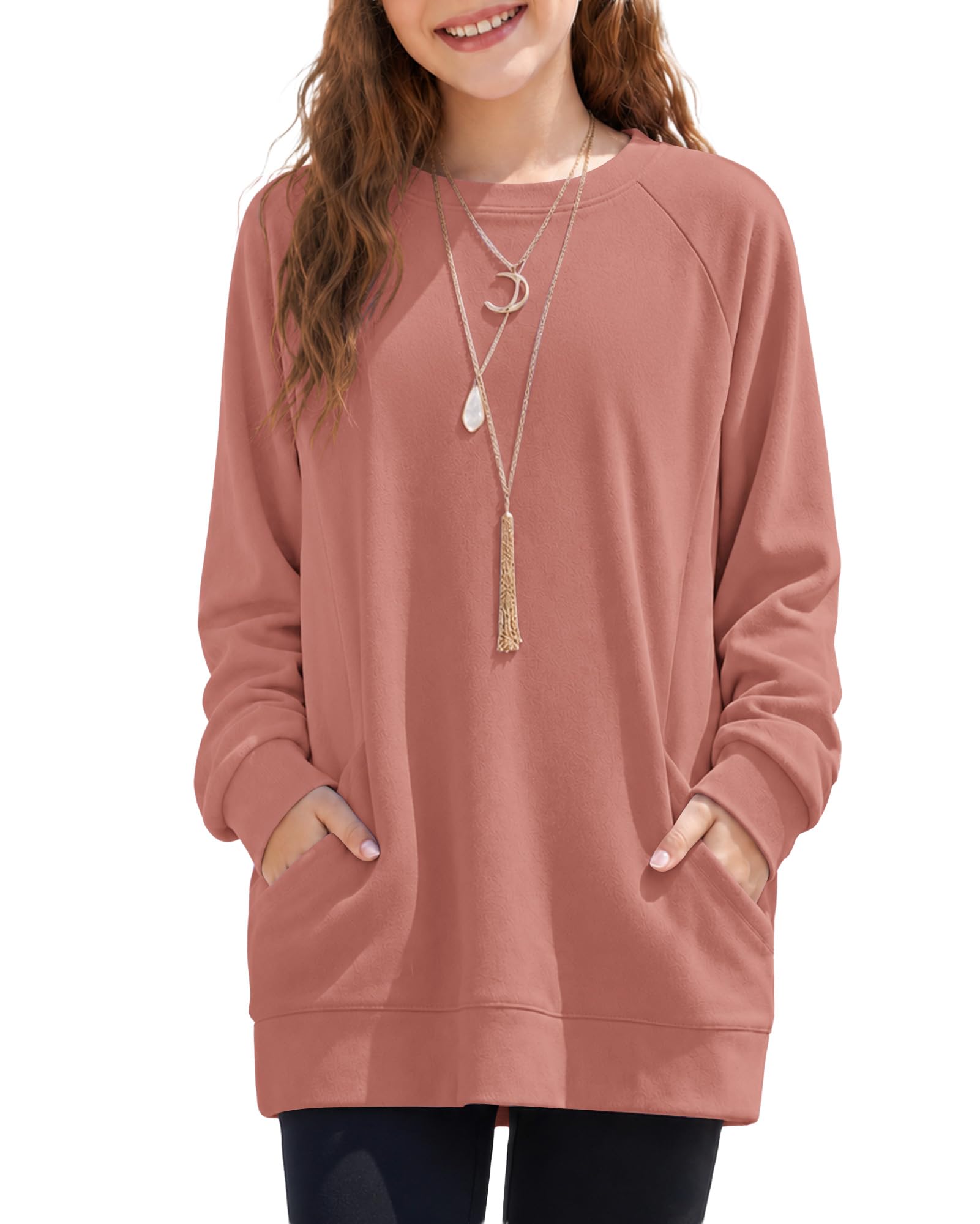 AUSELILY KIDS Girls Fashion Sweatshirts Fall Crewneck Long Sleeve Shirts | Tween girls Sweatshirt with Convenient Pockets, 2026 New daily loose fleece tunic tops, pullover solid shirts
