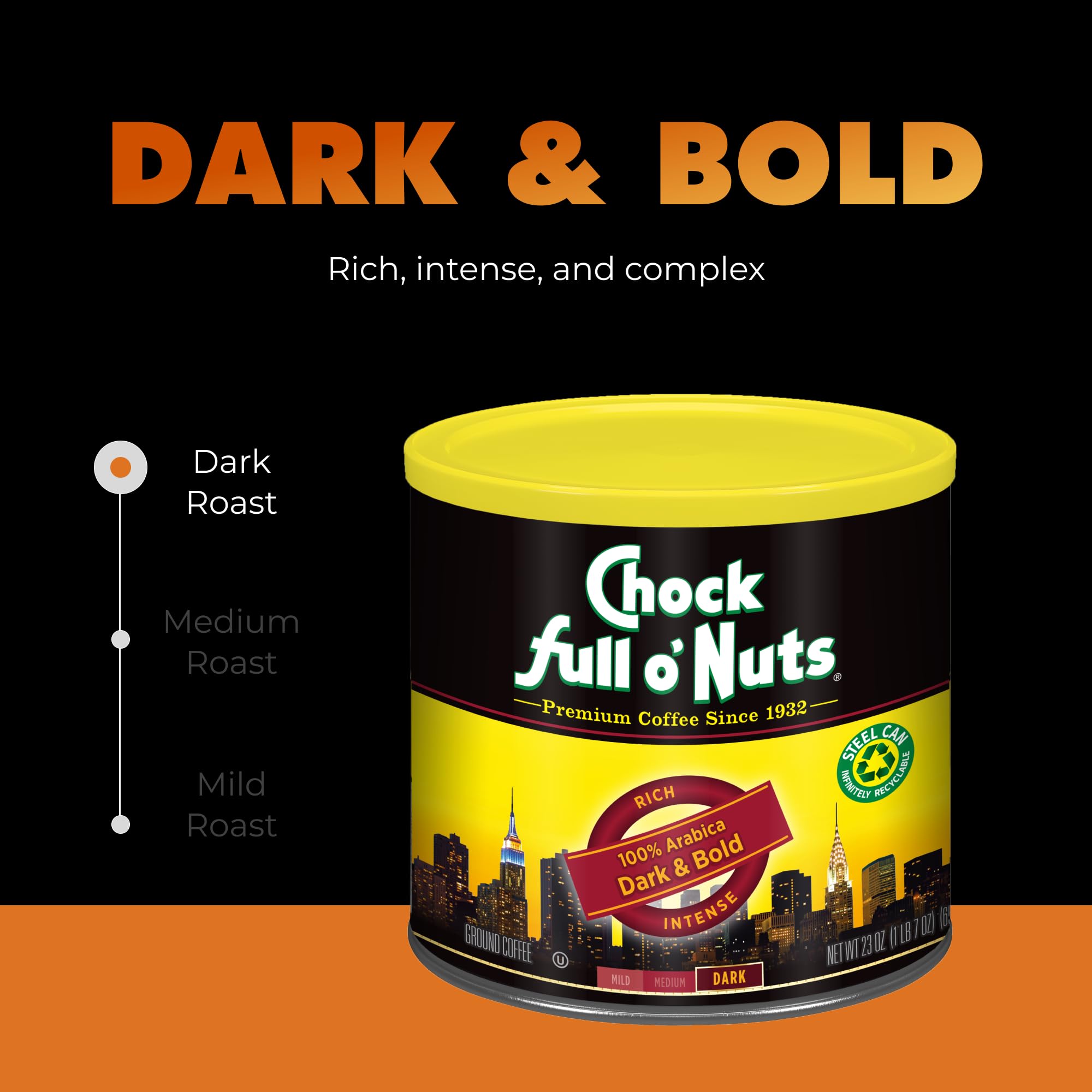 Chock Full o' Nuts Dark & Bold Ground Coffee – Premium Beans in Recyclable Steel Can – Rich Flavor & Aroma, Dark Roast – Perfect for Drip, Pour-Over, Percolator – 23 Oz Can (Pack of 2)