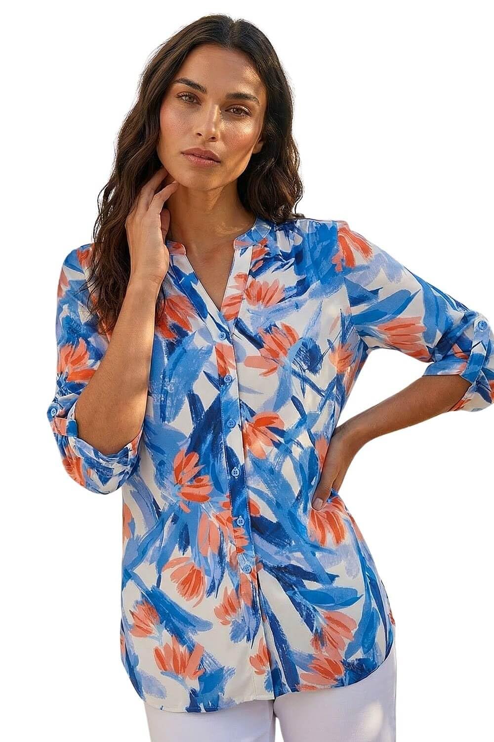Roman Women's Floral Print Longline Blouse in Blue | Size: 10