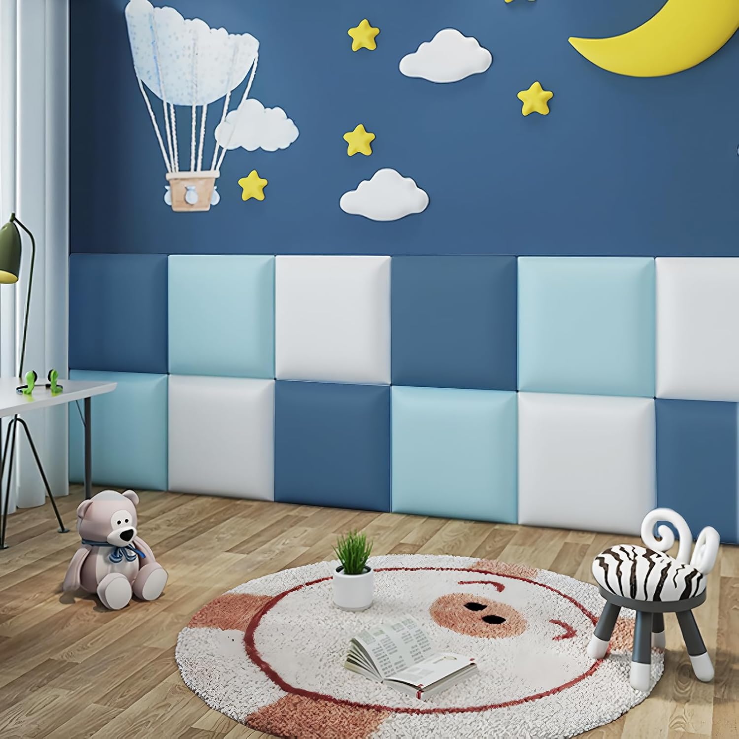 Wall Padding for Kids with Autism, 11.8” X 11.8” Peel and Stick Headboard Upholstered Wall Panels, Nursery Decor Wall Padded, 3D Wall Stickers for Bedroom, Playroom (Dark Gray Blue, 4)