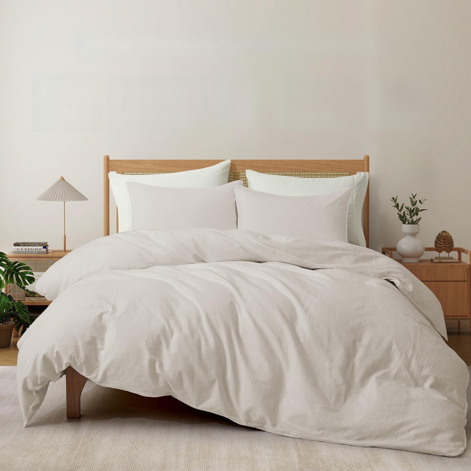 Peace nest Linen Cotton Duvet Cover and Pillow Sham Set, Breathable and Skin-Friendly Bedding Set Full - Queen - Beige