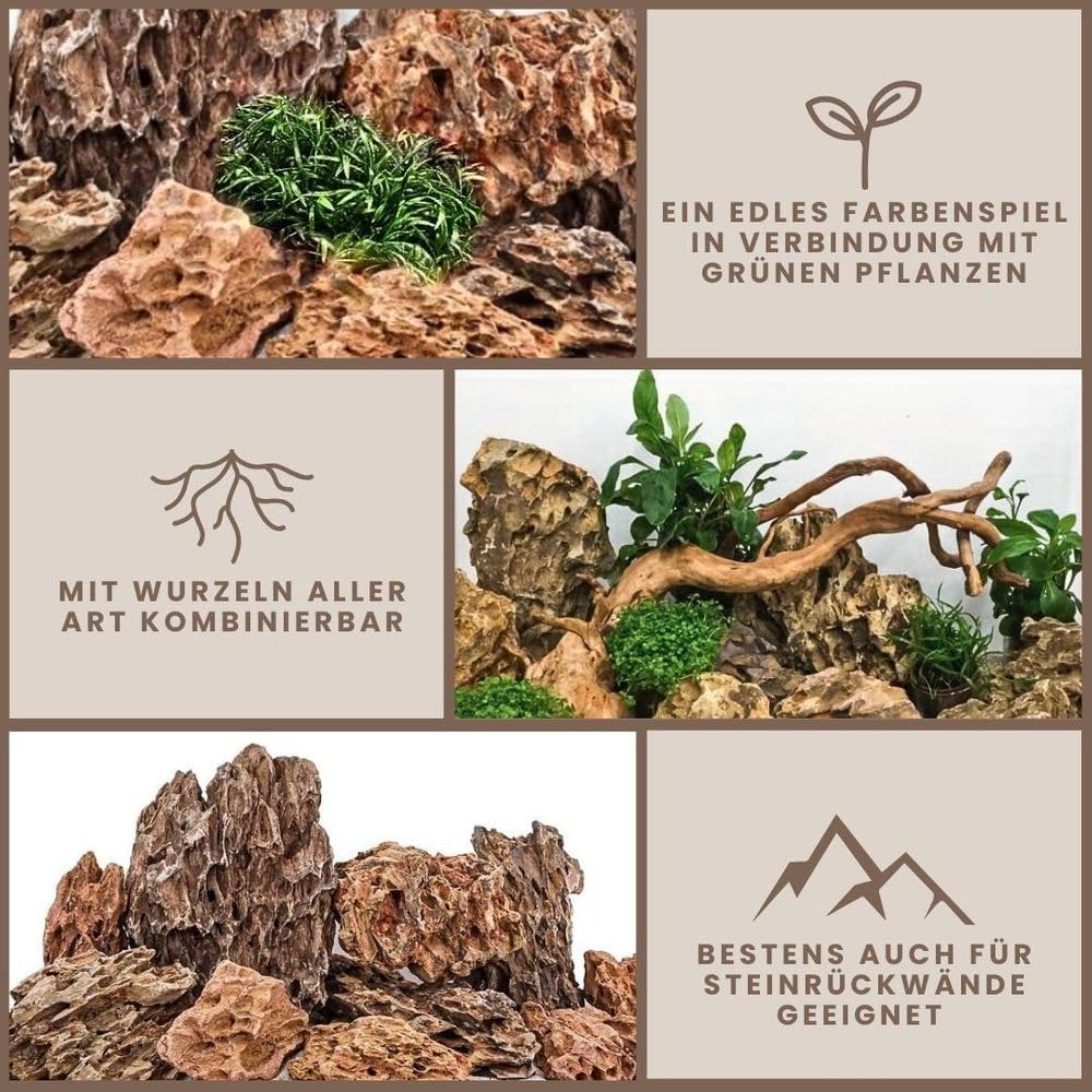 AquaOne Aquarium Steine Drachensteine 10kg Mix I Natursteine Dragon Größe S bis XL I Aquascaping Gestein I Felsen Dekoration I Pagode Rückwand braun