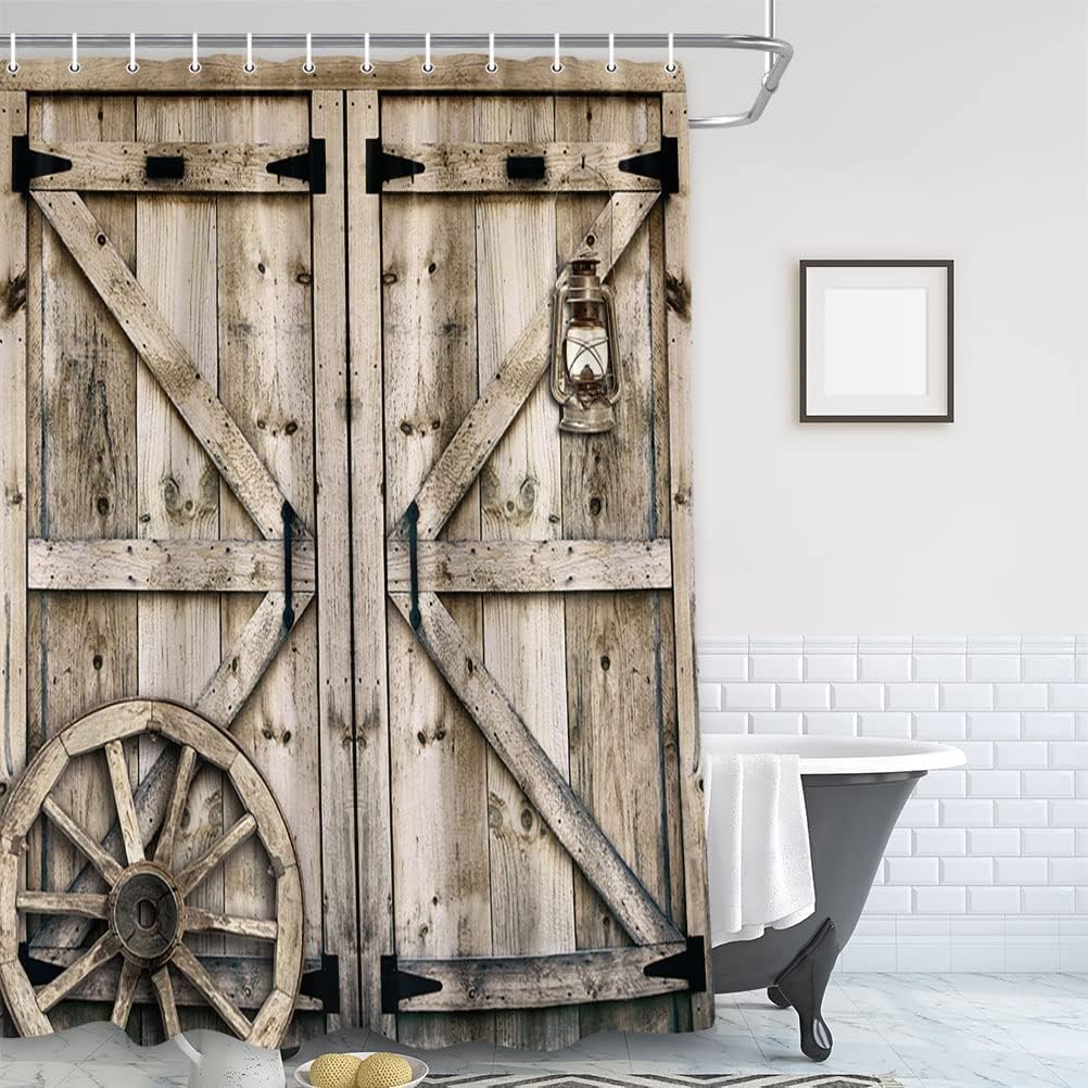 Rustic Barn Door Shower Curtain Farmhouse Wooden Vintage Weatern American Style Country Woodland Decor Fabric Bathroom Curtains, Old Garage Door Farm Retro Bath Accessories with Hooks, 69X84in