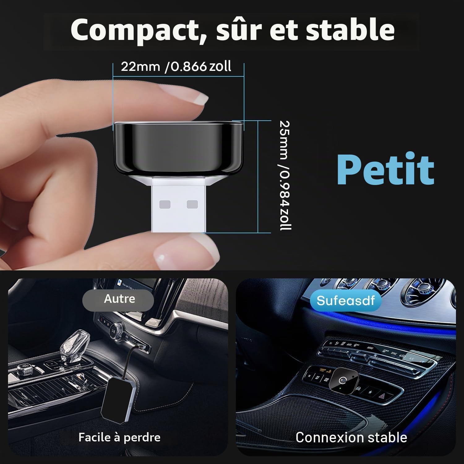 Adaptateur CarPlay Android Auto sans Fil 2026, Bluetooth 5.3 WiFi 6, Plug & Play USB-A avec câble USB-C, Connexion Stable pour iPhone et Android, Navigation Musique appels Voiture sans câble