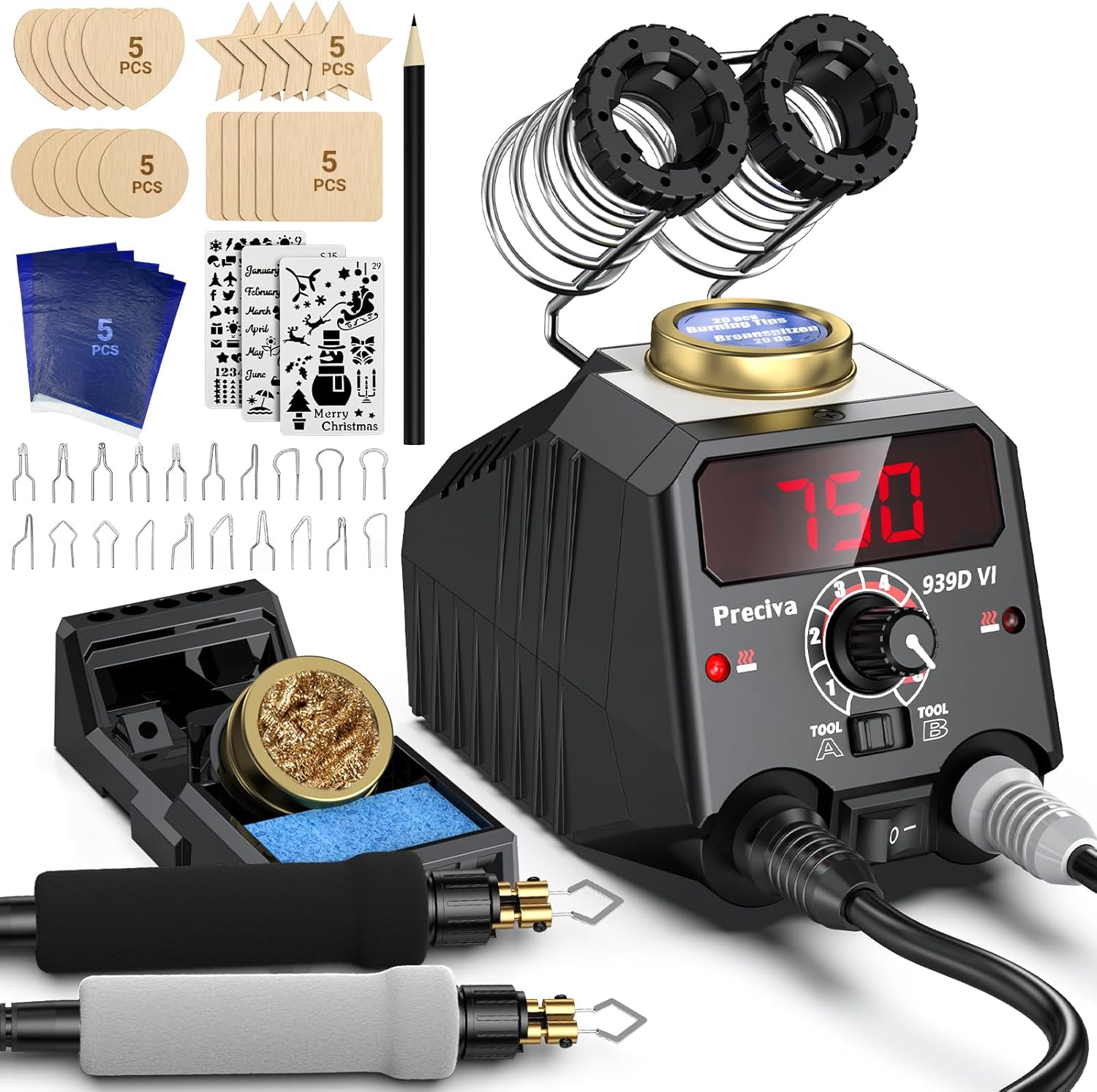 Preciva Wood Burning Kit, Wood Burning Pen 40W Adjustable Temperature 482°F ~ 1382°F, Wood Burning Tool Kit with 20pcs Soldering Tips & Digital Display Heat-Resistant Handle for Wood & Leather Crafts