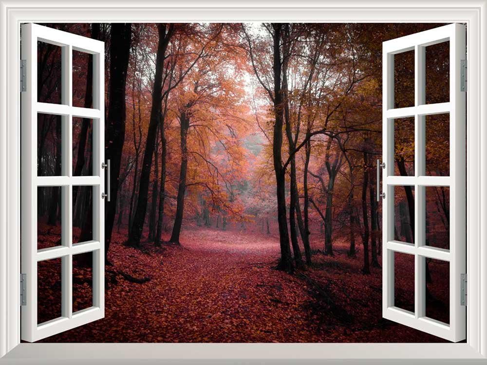 wall26 - Modern White Window Looking Out Into a Red Road That Leads to an Orange Forest - Wall Mural, Removable Sticker, Home Decor - 36x48 inches