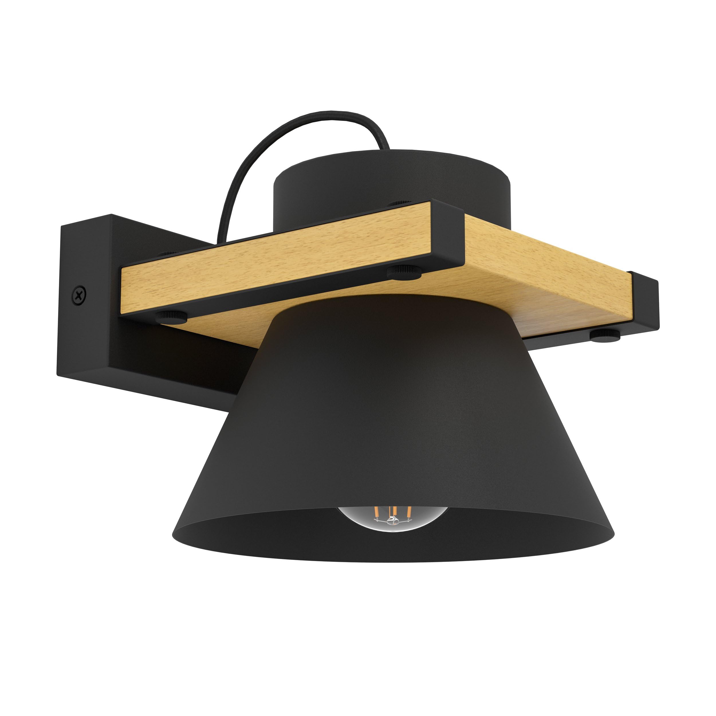 Eglo Wall Light Fixture Maccles, Wooden Indoor lamp, FSC100HB, Living Room and Hallway Lighting, Spotlight Made of Black Metal and Natural Wood, E27 Socket