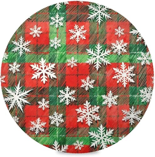 Merry Christmas Red Green Checkered Pattern White Snowflakes Fabric placemats Round platesmats 15x15 in individuales para mesa de comedor