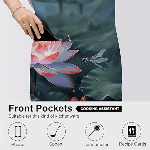 Miniatura 5 de MUSM Lotus Flower And Dragonfly ApronClassic Vintage Funny with Pockets Aprons,Adjustable Bib Waterdrop Resistant for Kitchen Cooking Restaurant BBQ