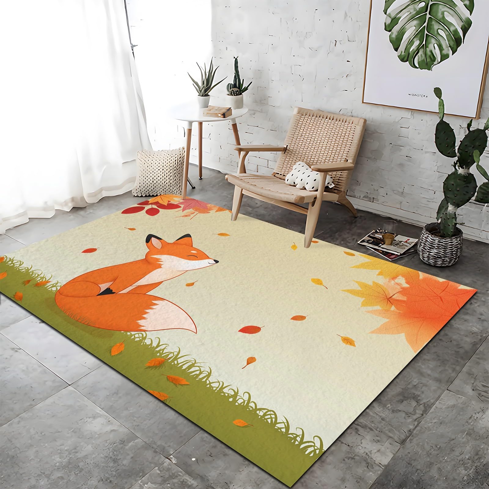 Tapis enfant petit renard orange 120x160 lavable en machine et antidérapant