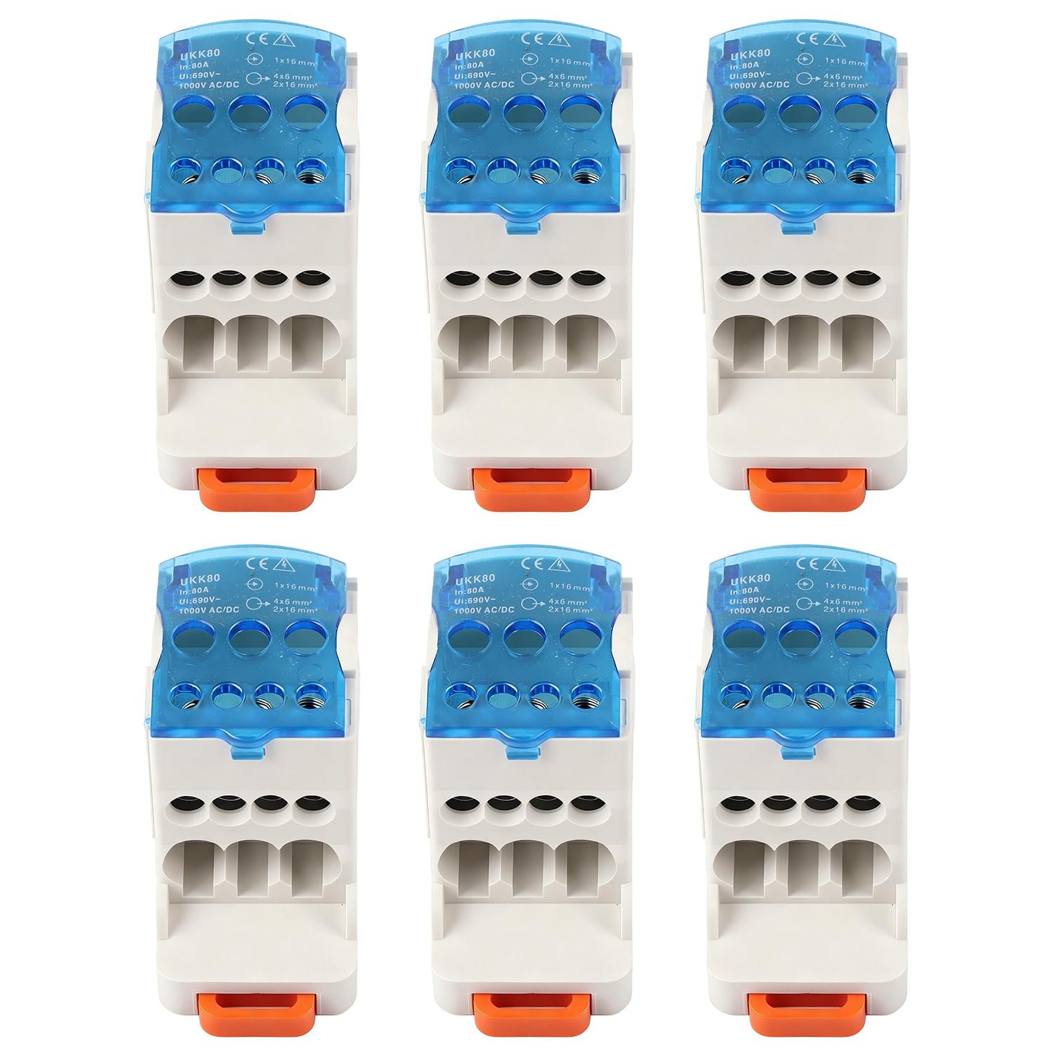 6Pcs Din Rail Distribution Box, UKK-80A Screw Terminal Strip Block Electric Wire Connector Universal Power Junction Box