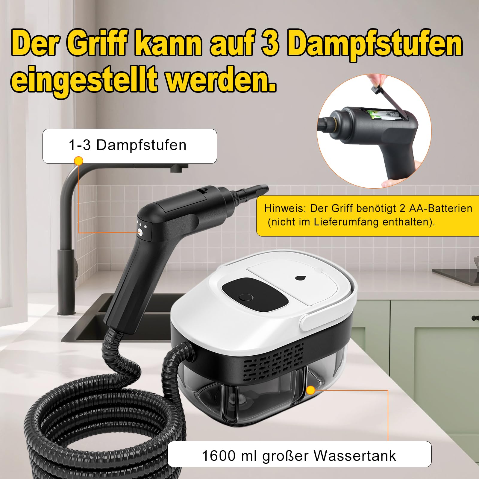 Handdampfreiniger mit 1600ML Wassertank Griff dreistufige Einstellung Hochdruck Klein Tragbarer Dampfreiniger mit 9 Zubehörteilen für Fenster, Küche, Boden, Alles