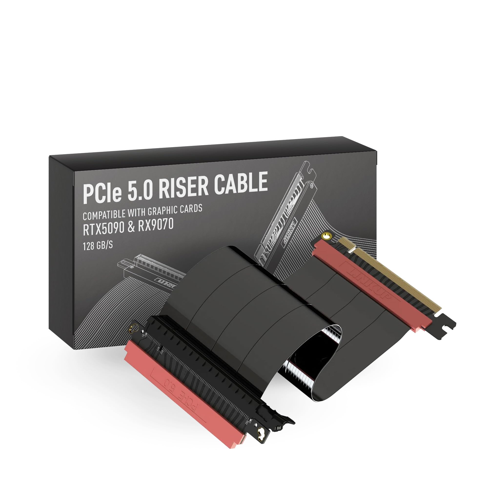 LINKUP to AVA5 PCIE 5.0 Riser Cable | Future Gen 5 Vertical GPU Bracket Support | x16 128GB/s Speed | PCIe 4.0 Compatible | Designed for ITX | Single Reverse Straight Black 23cm