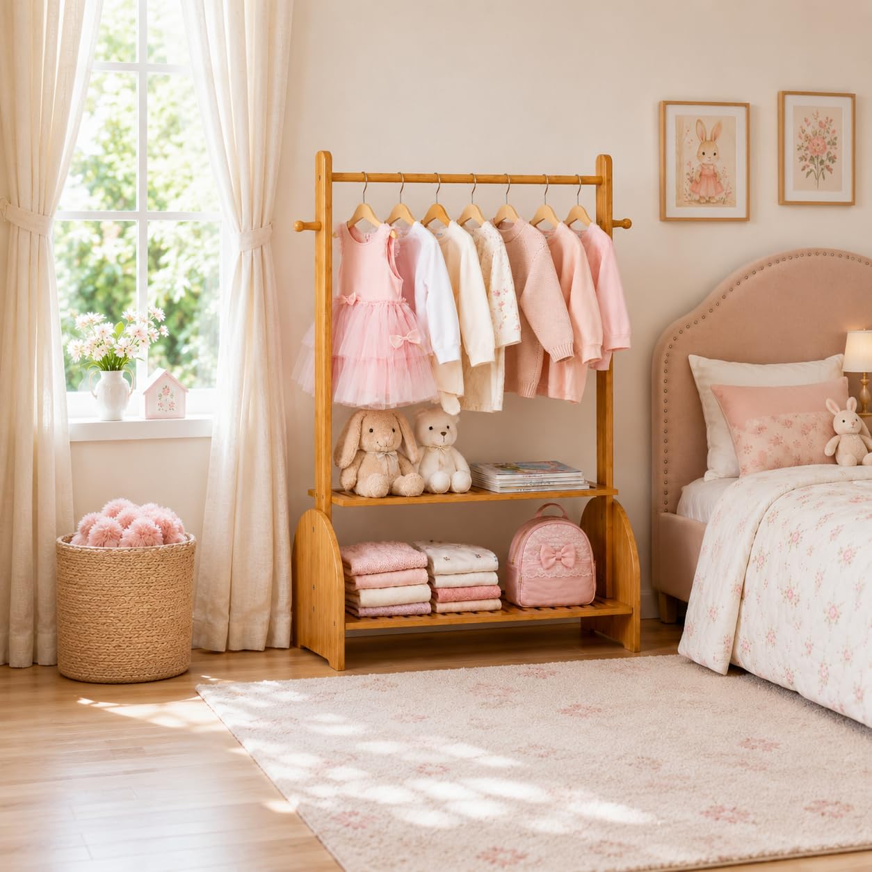 BAMBOOHOMIE Kinder-Kleiderständer mit verstellbaren Stangen, Kleiderständer für Kinder, Babys und Haustiere, Spielzeug-Organizer mit 2 Ablageböden, Kinder-Garderobe für Kleinkinder und Kinderzimmer
